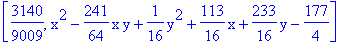 [3140/9009, x^2-241/64*x*y+1/16*y^2+113/16*x+233/16*y-177/4]